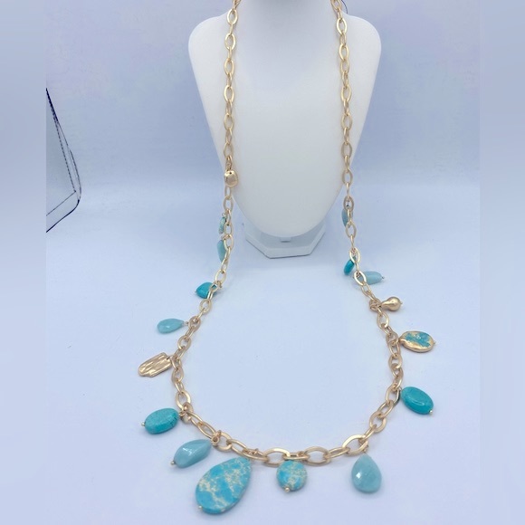 Chicos Turquoise & Gold Tone Necklace Part of The Gold And Turquoise Collection - Picture 11 of 12